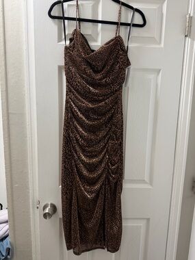 BCX Brown Leopard-Print Cowl Neck Midi Slip Dress